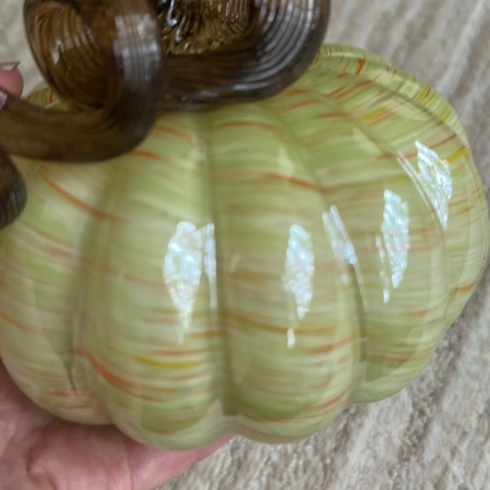 Hand Blown Art Glass Pumpkin Green Orange Flecks Twisted Reeded Clear Stem 5”x4”